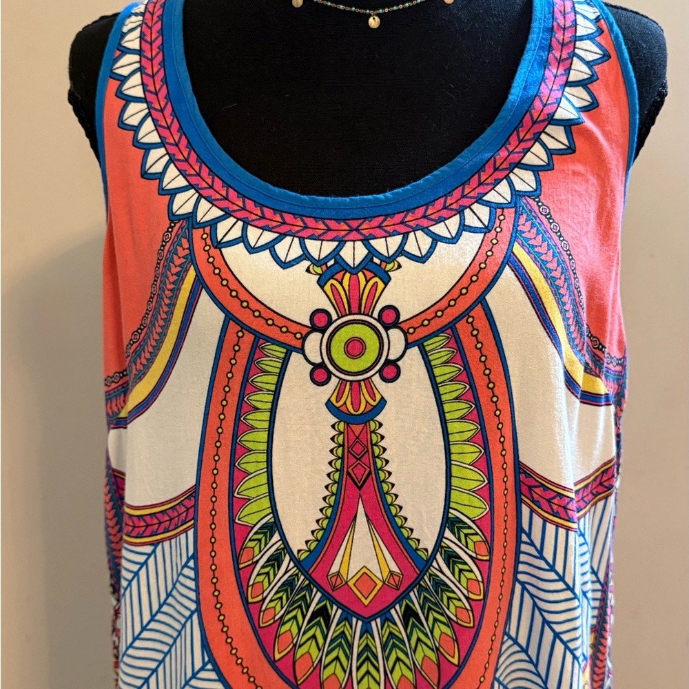 Bright Coral Printed Tank Top with Blue Trim